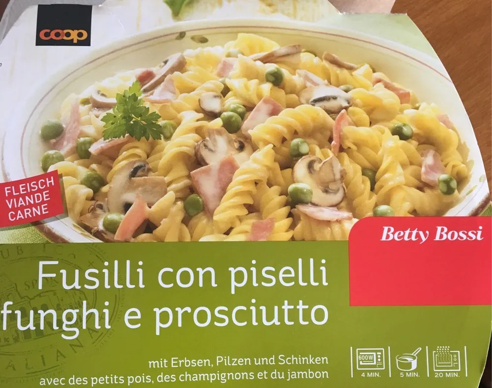 Fusilli con piselli funghi e prosciutto