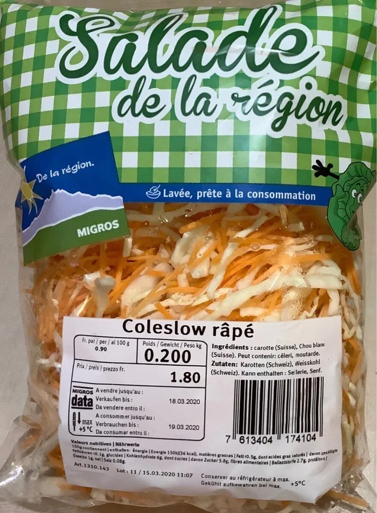 Coleslaw râpé, de la région