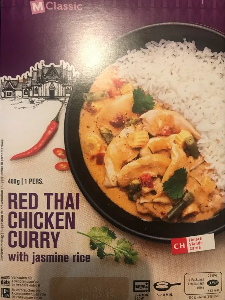Red thai chicken curry with jasmine rice