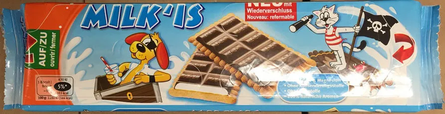 Milk'Is : Biscuits surfins fourrés au lait et garnis d'une tablette de chocolat au lait suisse