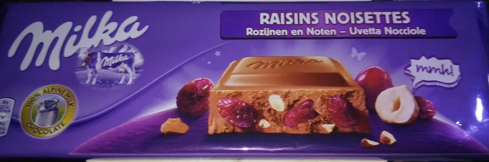 Chocolat lait aux raisins et noix