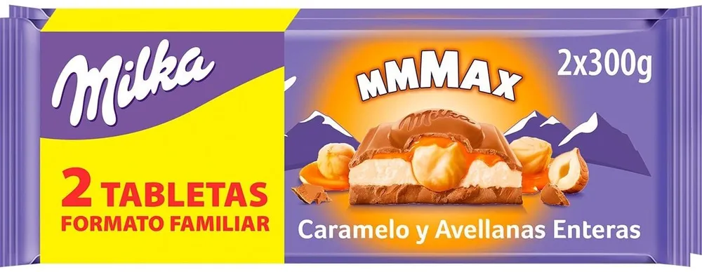 Chocolate con leche, caramelo y avellanas enteras