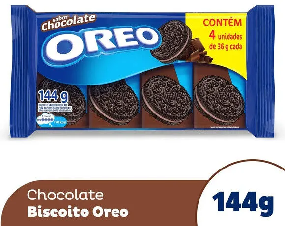 Pack Biscoito Chocolate Recheio Chocolate Oreo Pacote 144g 4 Unidades