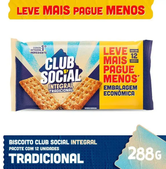 Pack Biscoito Integral Tradicional Club Social Pacote 288g 12 Unidades Embalagem Econômica Leve Mais Pague Menos