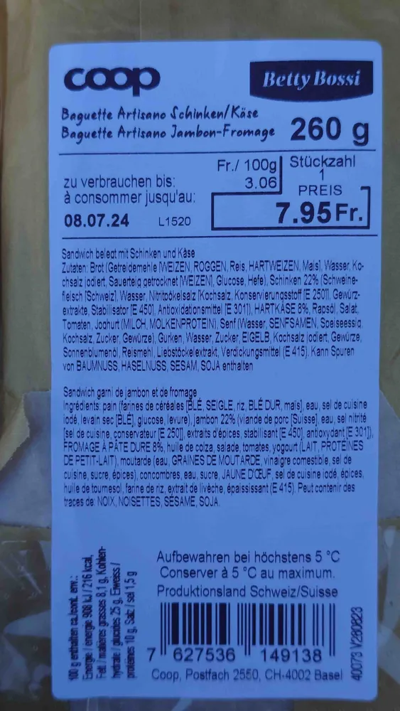 Baguette artisano schinken/käse