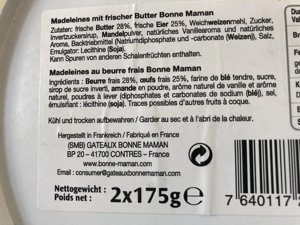 Madeleine au beurre frais Bonne Maman