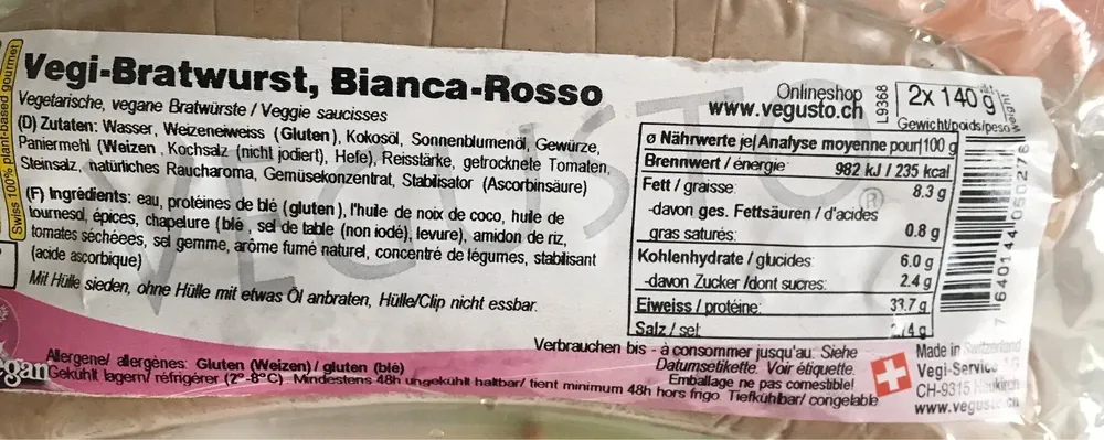Vegi-bratwurst, bianca-rosso