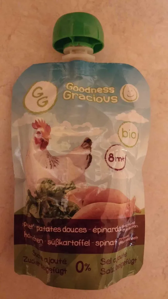 Purée d'Épinards et de Patates Douces Biologiques au Poulet avec Jus de Menthe et de Citron