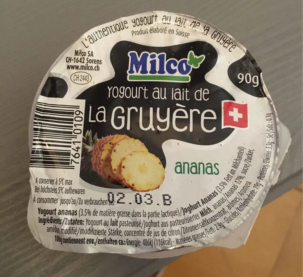 Yogourt au lait de la Gruyère ananas