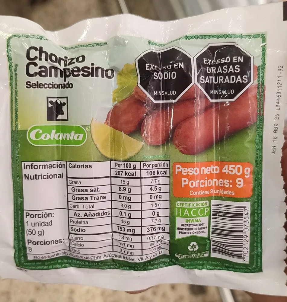 Chorizo campesino - Colanta