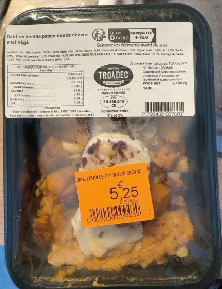 Dahl de lentilles patate douce chevre