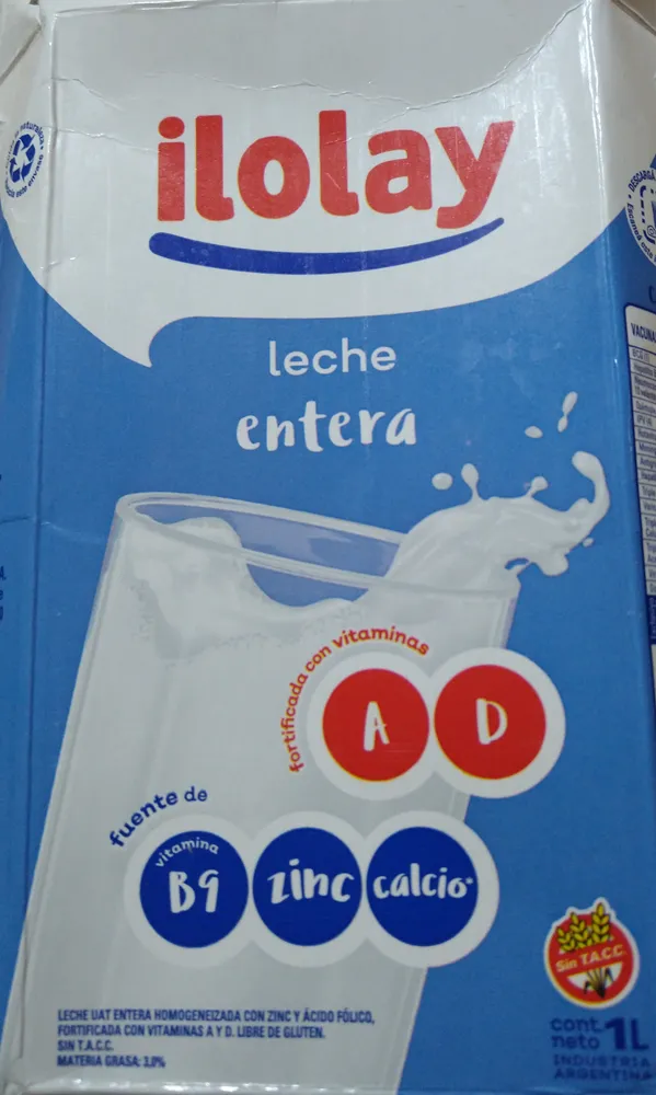 Leche UAT entera homogeneizada con zinc y ácido fólico, fortificada con vitaminas A y D. Libre de gluten. Sin T.A.C.C.
