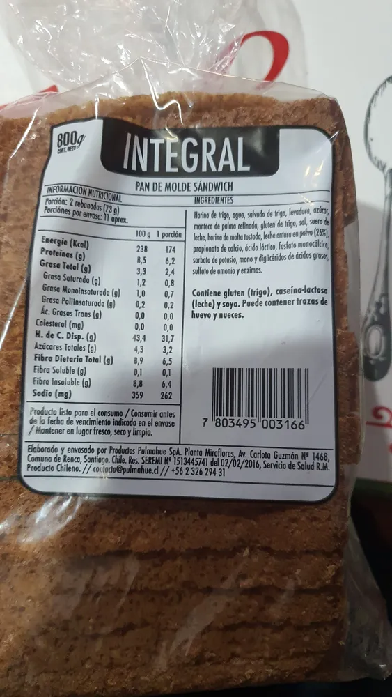 Pan de molde sandwich integral
