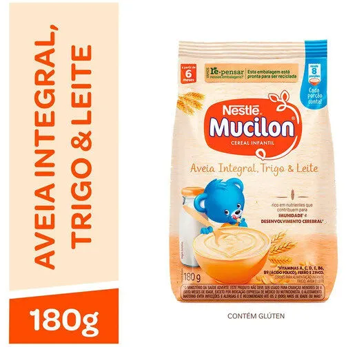 Cereal Infantil Aveia, Trigo Leite Mucilon Pacote 180g