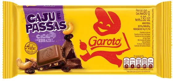Chocolate Ao Leite Caju E Passas Garoto Pacote 80g