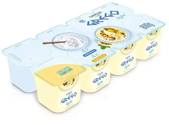 Iogurte Grego Parcialmente Desnatado Original Maracujá Light Danone Bandeja 800g 8 Unidades Embalagem Familiar