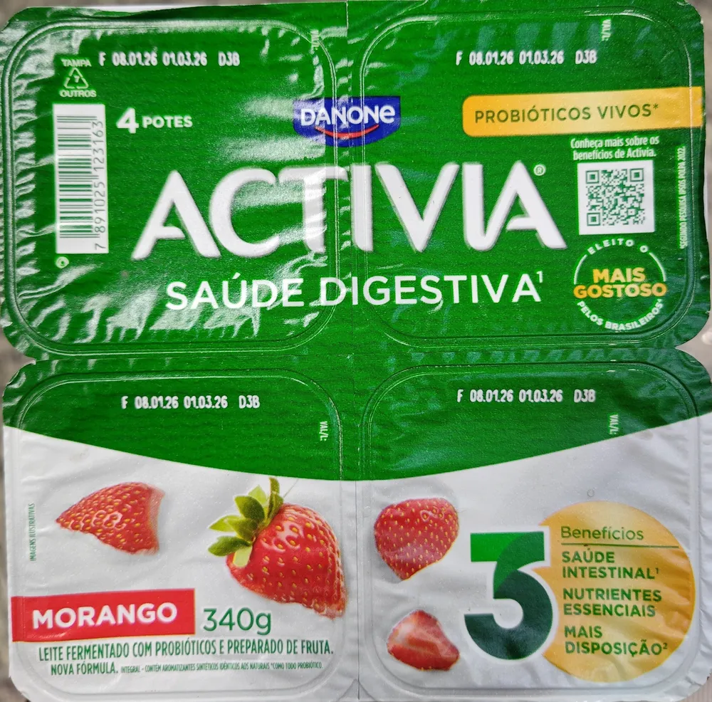 Leite Fermentado Integral Morango Activia Bandeja 340g 4 Unidades
