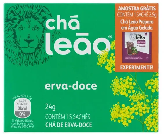 Chá Erva Doce Chá Leão Caixa 24g 15 Unidades Grátis 1 Sachê 2,5g Chá Leão Preparo Em água Gelada