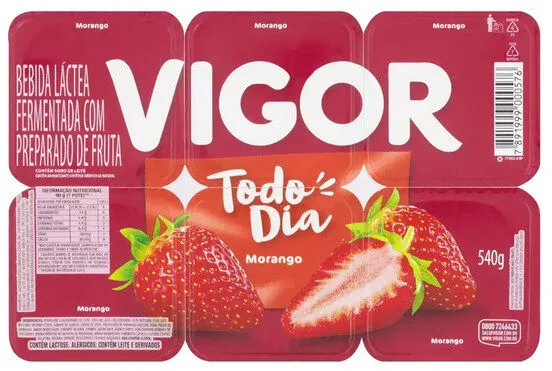 Bebida Láctea Fermentada Morango Vigor Todo Dia Bandeja 540g 6 Unidades
