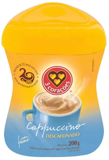 Cappuccino Solúvel Descafeinado 3 Corações Pote 200g