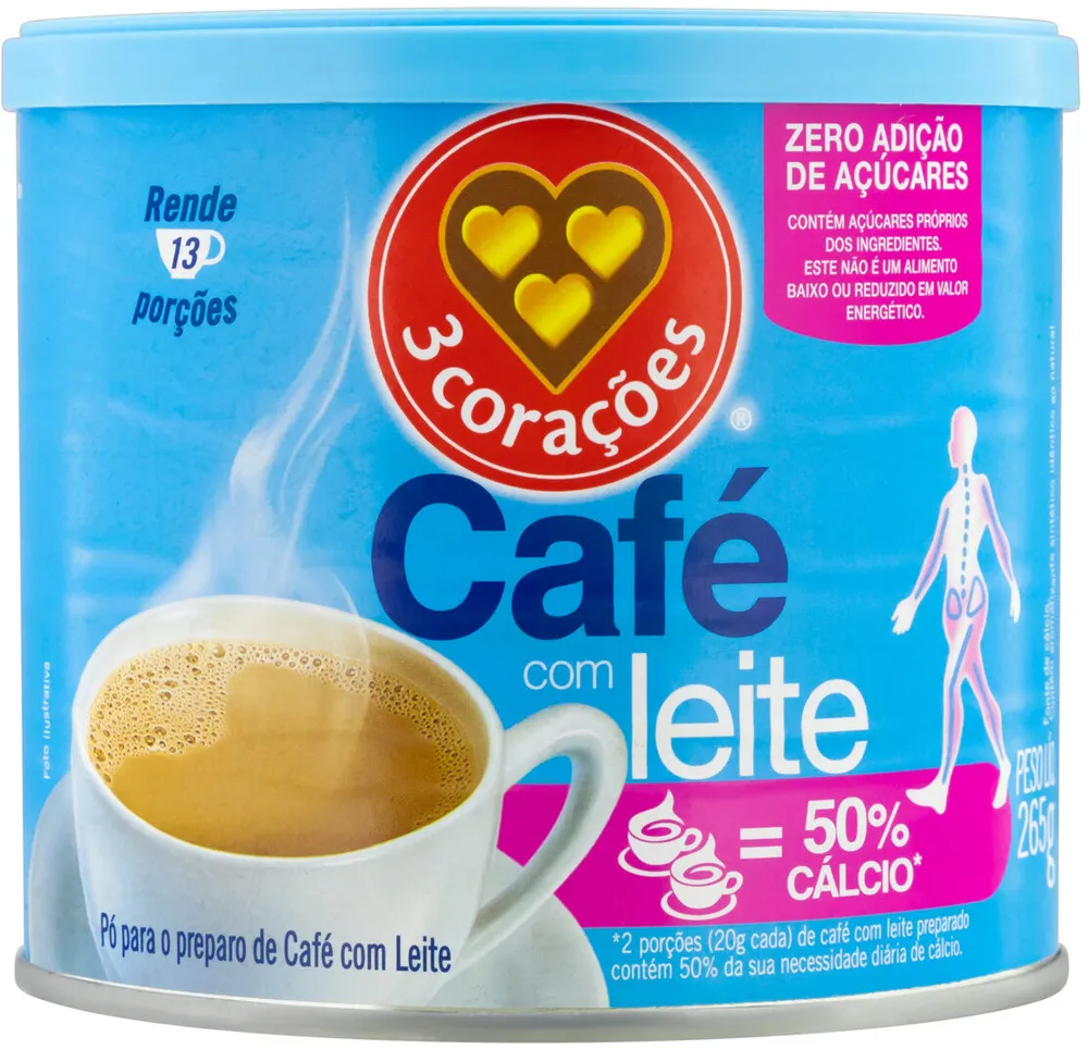 Café Com Leite Solúvel 3 Corações Lata 265g