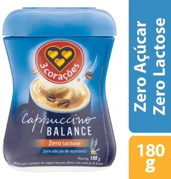 Cappuccino Solúvel Zero Lactose 3 Corações Balance Pote 180g