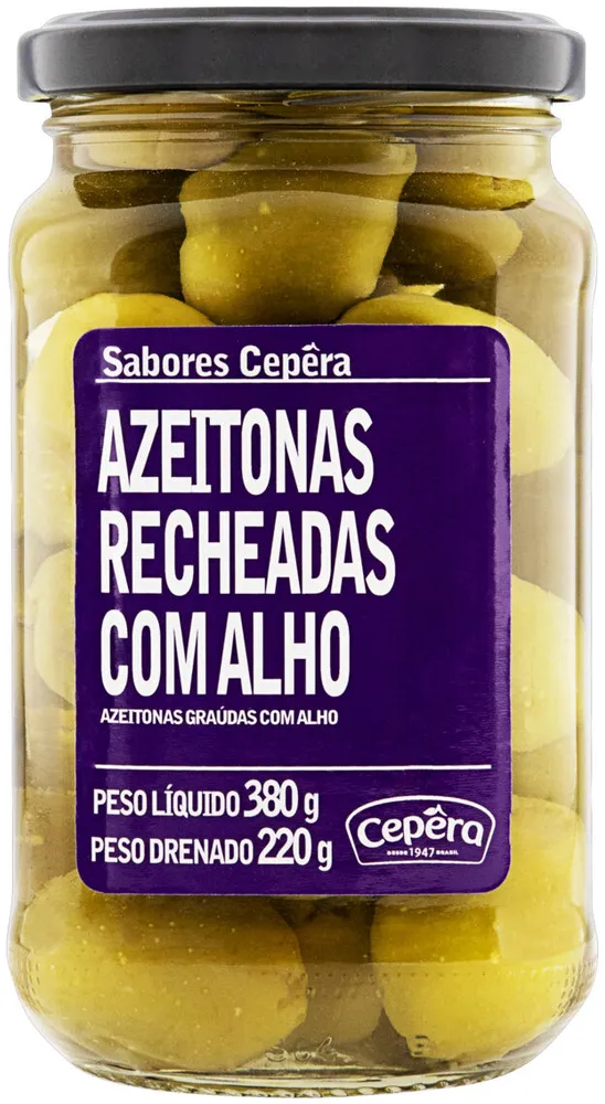 Azeitona Verde Em Conserva Graúda Recheio Alho Sabores Cepêra Vidro 220g