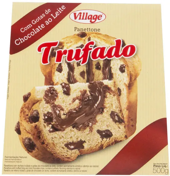 Panettone Com Gotas De Chocolate Ao Leite Recheio Trufado Village Caixa 500g