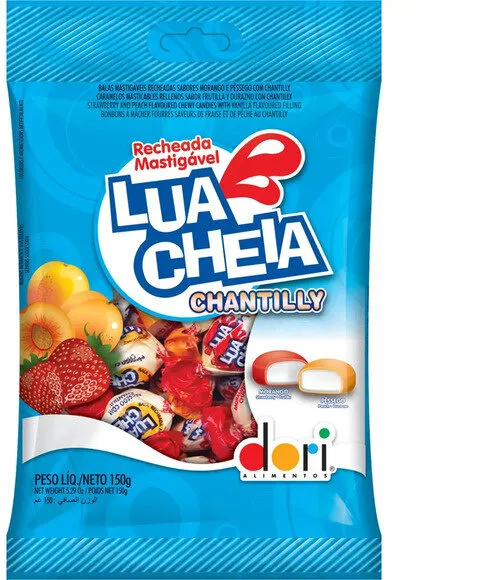 Bala Com Recheio De Morango E Pêssego Dori Lua Cheia Chantilly Pacote 150g