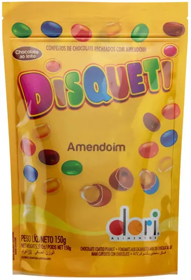 Confeito De Chocolate Ao Leite Recheado Com Amendoim Disqueti Sachê 150g