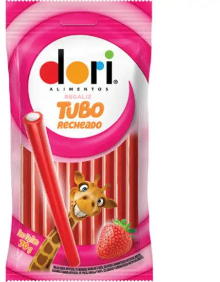 Bala Regaliz Morango Recheio Creme Tubo Dori Pacote 70g