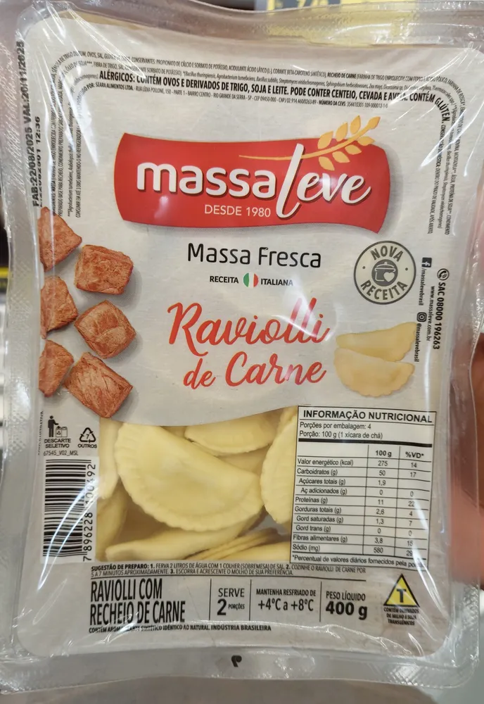 Massa Leve Raviolli de Carne 400g
