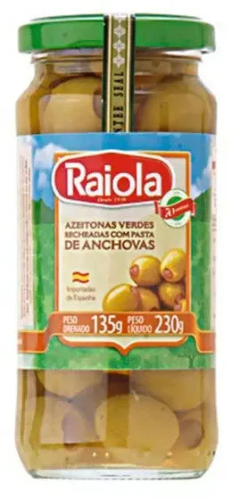 Azeitona Verde Em Conserva Com Recheio De Pasta De Anchova Raiola Vidro 135g