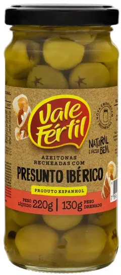 Azeitona Verde Em Conserva Recheio Presunto Vale Fértil Vidro 130g