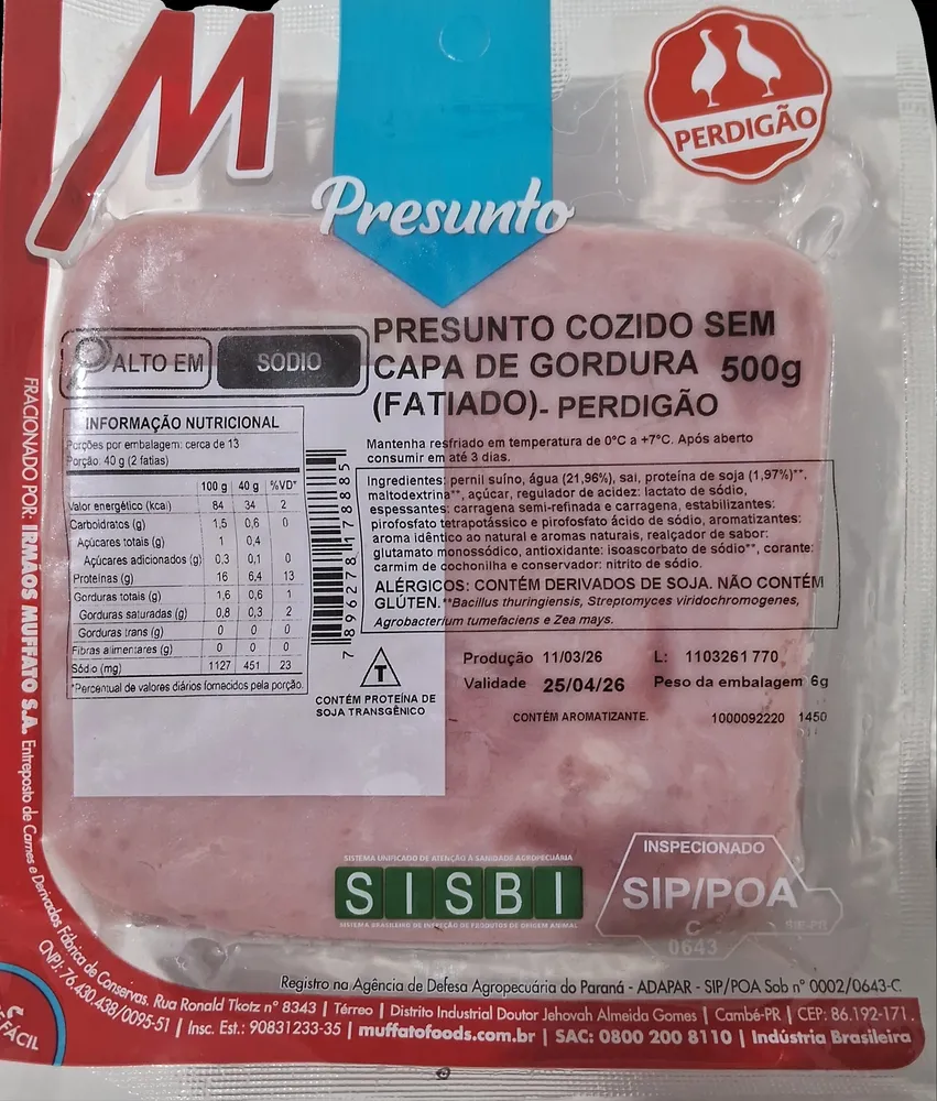 Presunto cozido sem capa de gordura fatiado