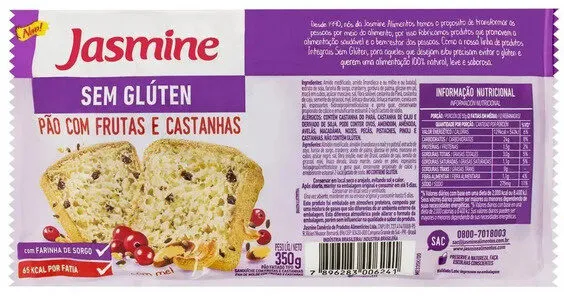 Pão De Sanduíche Frutas E Castanhas Sem Glúten Jasmine Pacote 350g