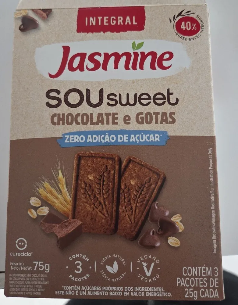 Biscoito Vegano Chocolate Gotas Zero Açúcar Jasmine Sou Sweet Caixa 75g