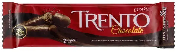Wafer Recheio Chocolate Cobertura Chocolate Ao Leite Trento Pacote 32g