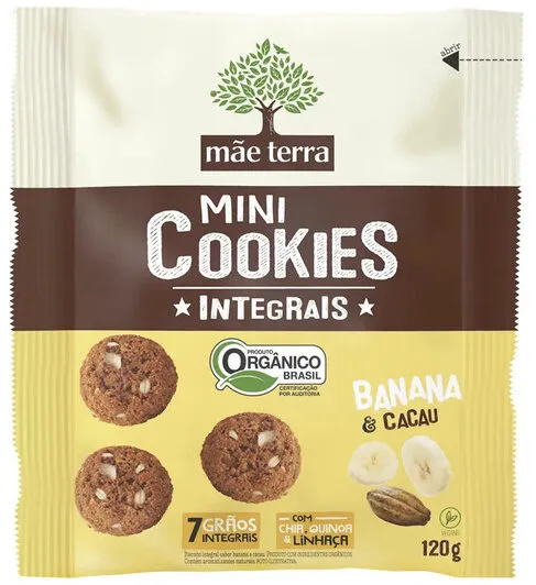 Biscoito Vegano Integral Orgânico Banana Cacau Mãe Terra Mini Cookies Pacote 120g