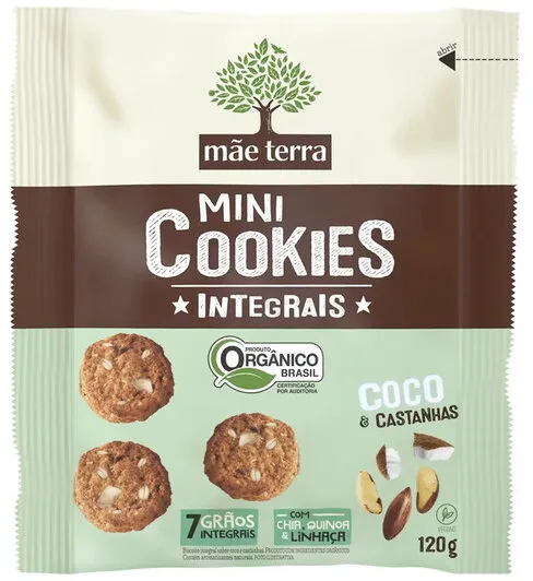 Biscoito Vegano Integral Orgânico Coco Castanhas Mãe Terra Mini Cookies Pacote 120g