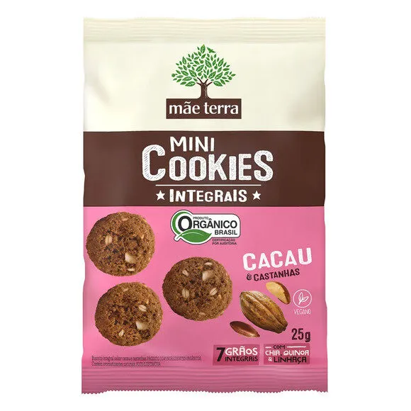 Biscoito Vegano Integral Orgânico Cacau Castanhas Mãe Terra Mini Cookies Pacote 25g