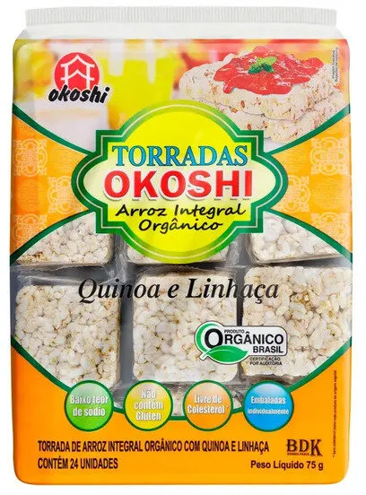 Torrada De Arroz Integral Orgânica Quinoa E Linhaça Okoshi Pacote 75g 24 Unidades