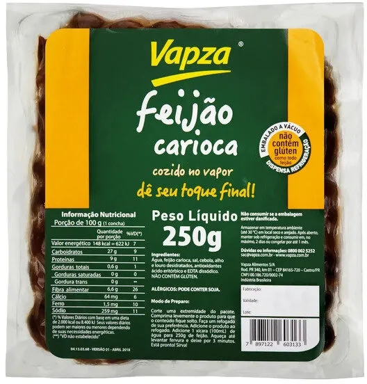 Feijão Carioca Cozido No Vapor Vapza Caixa 250g