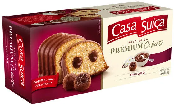 Bolo Suíço Baunilha Recheio Trufado Chocolate Amargo Cobertura Chocolate Casa Suíça Premium Caixa 340g
