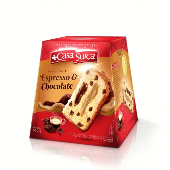 Panettone Com Gotas De Chocolate Ao Leite Recheio Espresso Chocolate Casa Suíça Caixa 500g