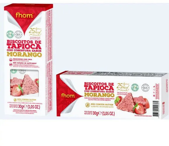 Pack Biscoito De Tapioca Cobertura Morango Vegano Fhom Caixa 30g 2 Unidades
