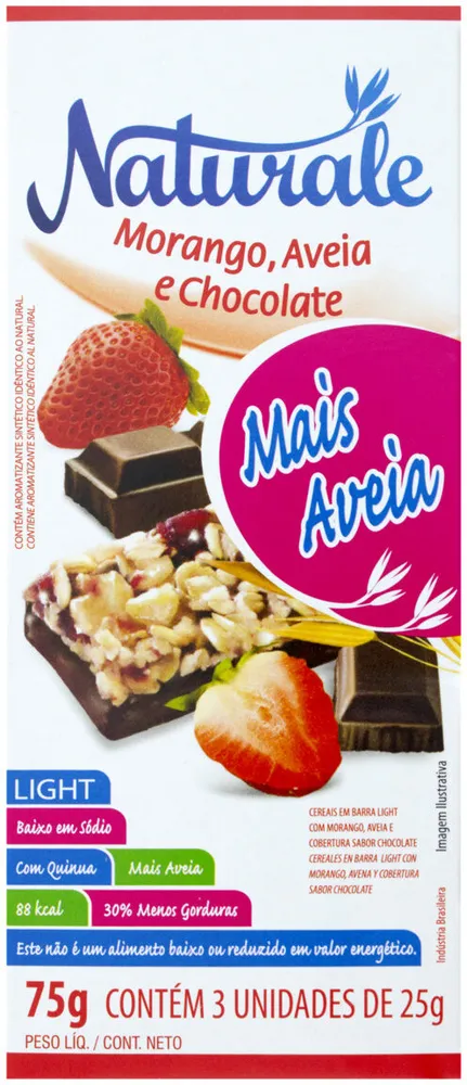 Pack Barra De Cereal Morango, Aveia Cobertura Chocolate Light Naturale Caixa 75g 3 Unidades