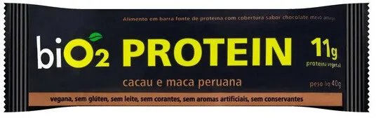 Barra De Proteína Vegana Cacau, Maca Peruana E Pasta De Amendoim Cobertura Chocolate Meio Amargo Bio2 Protein Pacote 45g