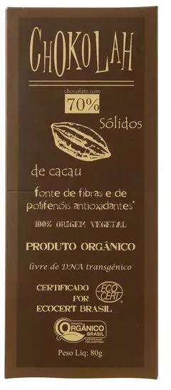 Chocolate Amargo 70 Cacau Orgânico Zero Lactose Chokolah Caixa 80g 2 Unidades