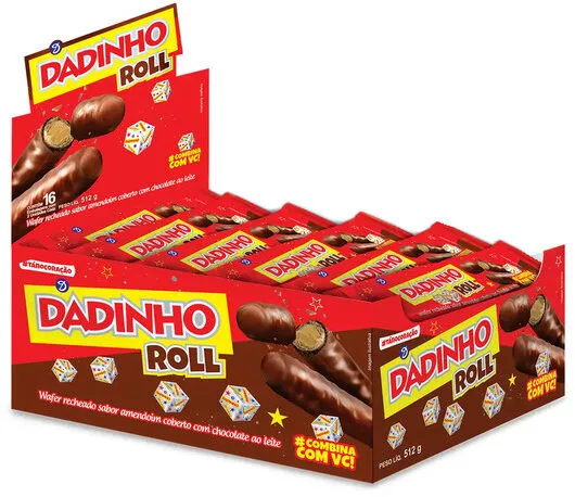 Wafer Recheio Amendoim Cobertura Chocolate Ao Leite Dadinho Roll Caixa 512g 16 Unidades